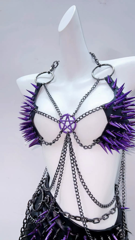 Purple Punk Pentagram Chain Spike Body Harness