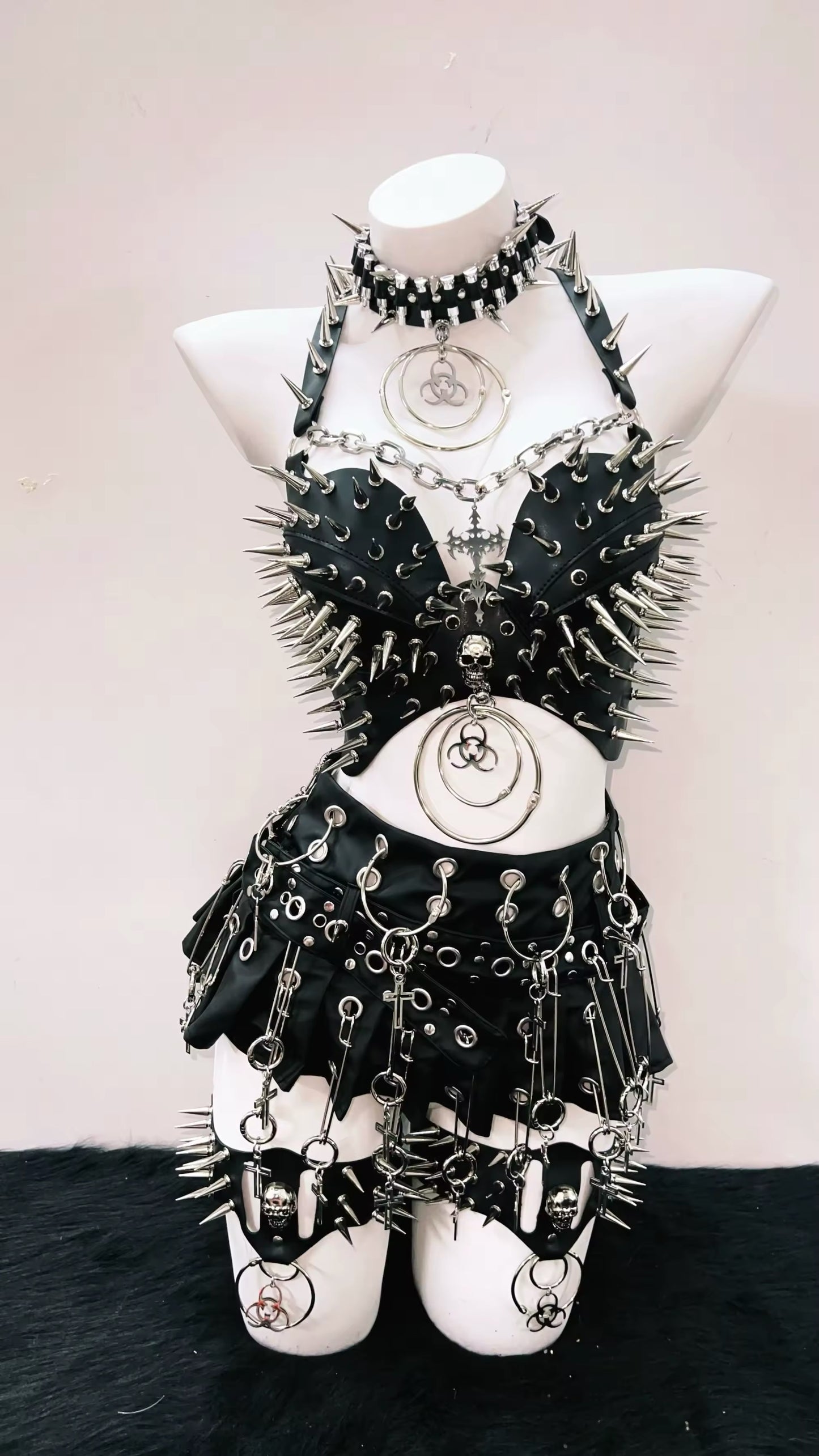 Black Faux Leather Punk Spike Chain Crop Top