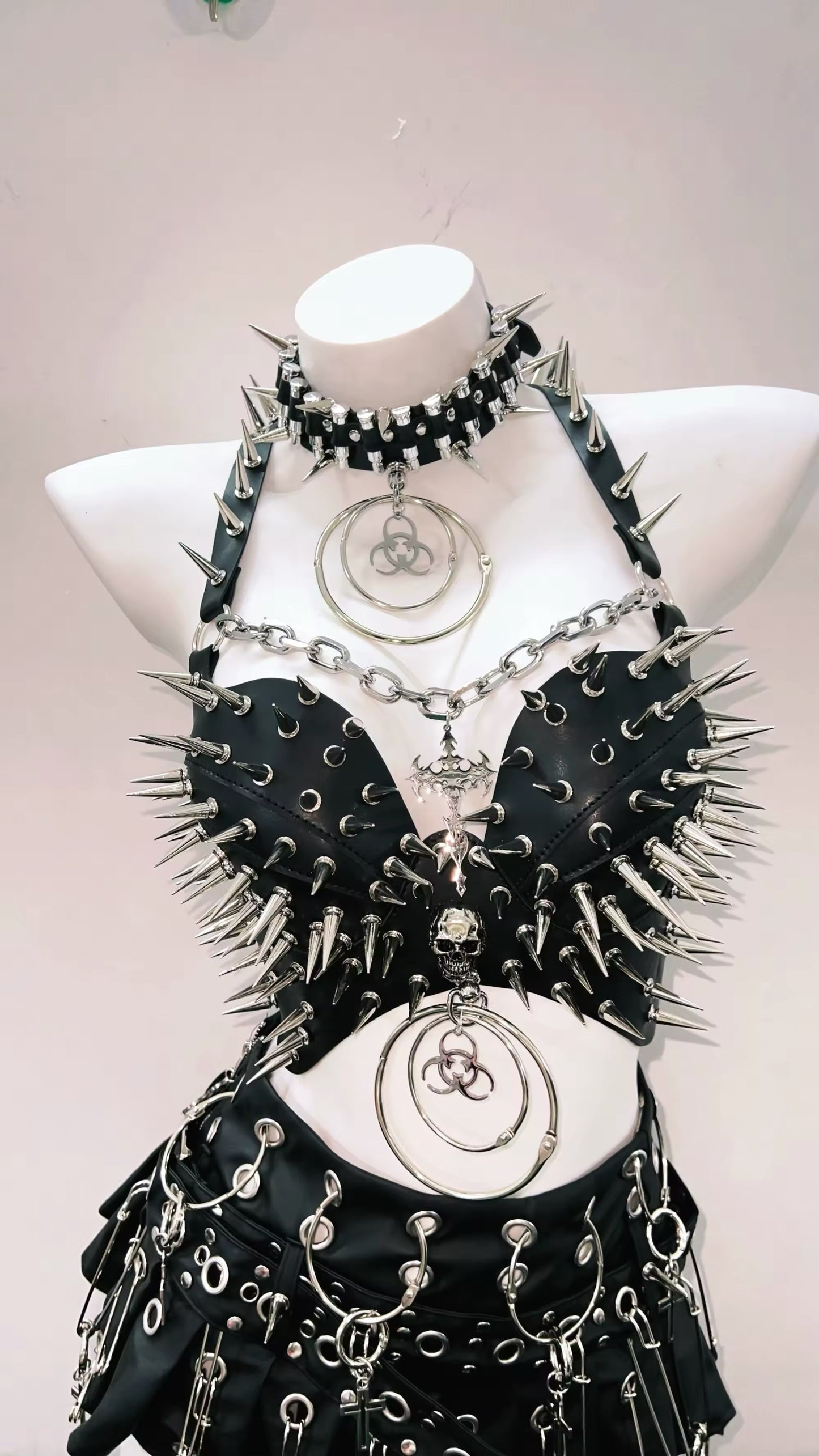 Black Faux Leather Punk Spike Chain Crop Top