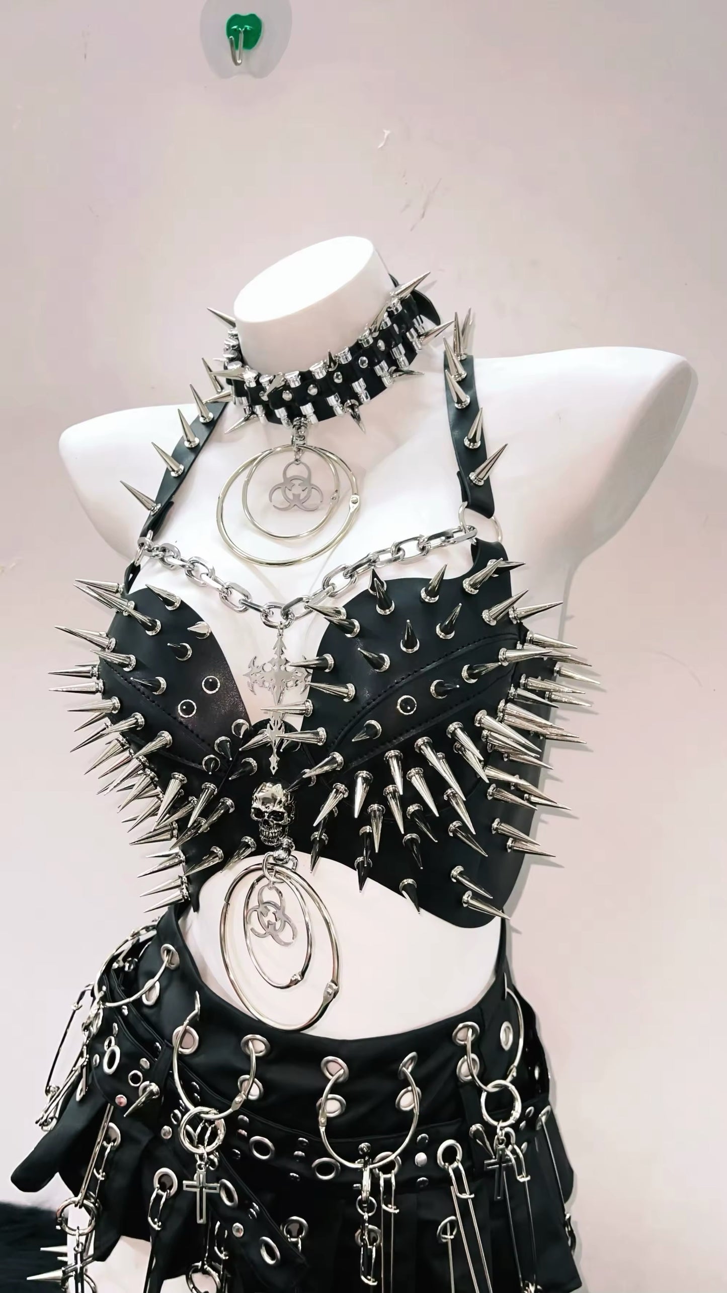 Black Faux Leather Punk Spike Chain Crop Top