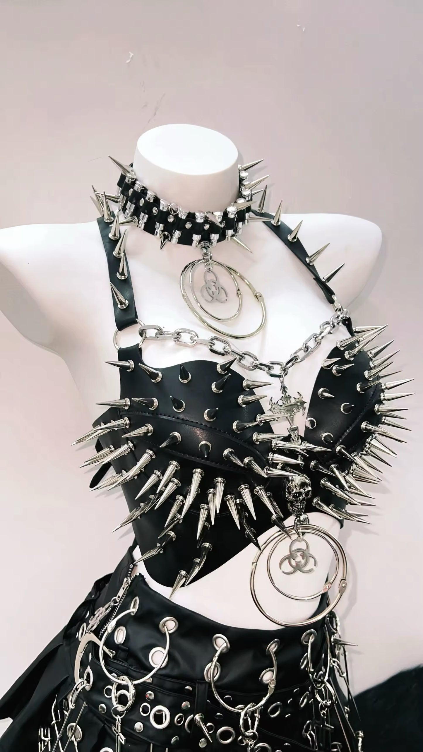 Black Faux Leather Punk Spike Chain Crop Top