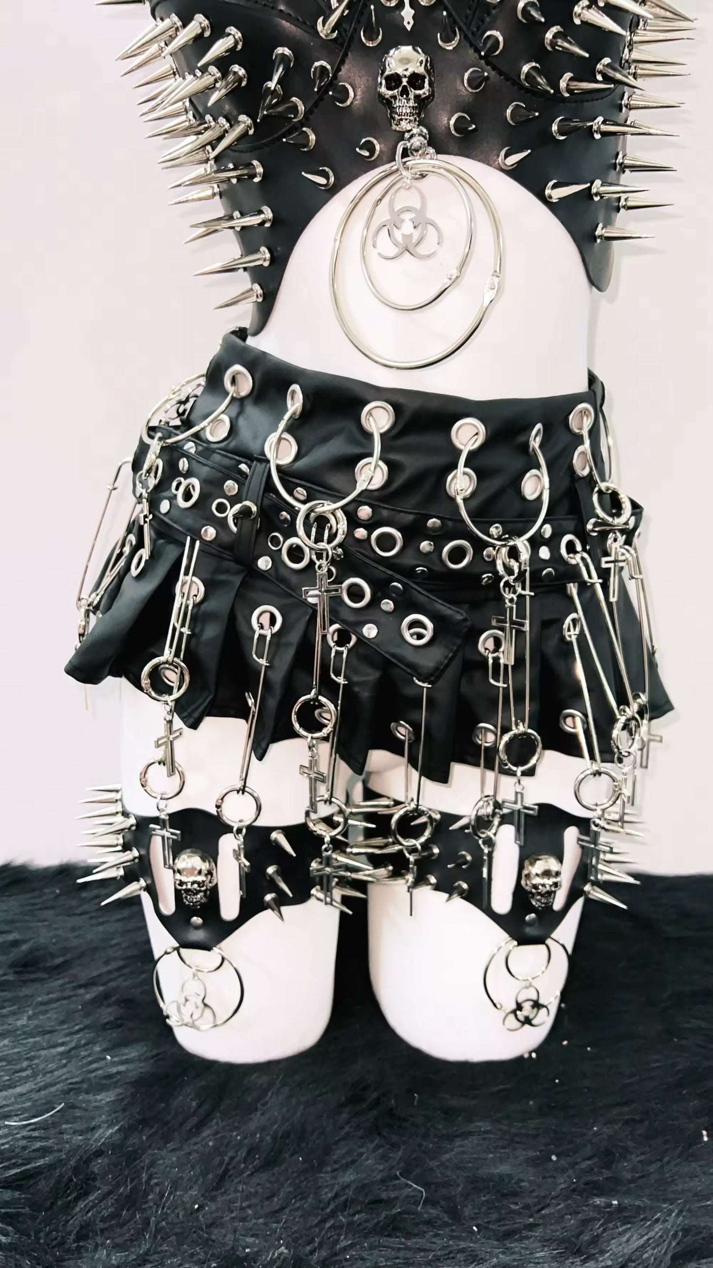 Black Faux Leather Punk Studded Garter Mini Skirt