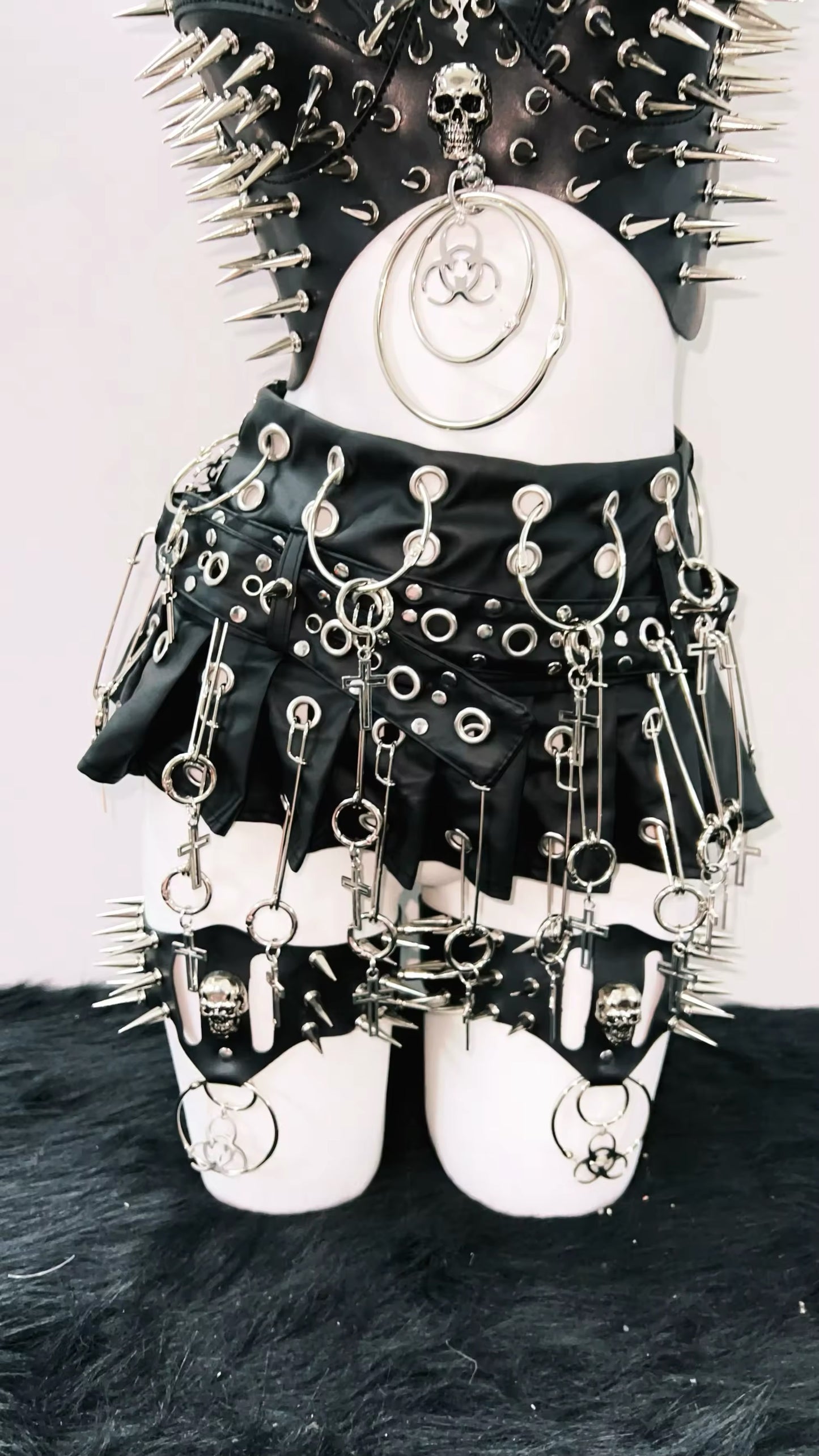 Black Faux Leather Punk Studded Garter Mini Skirt