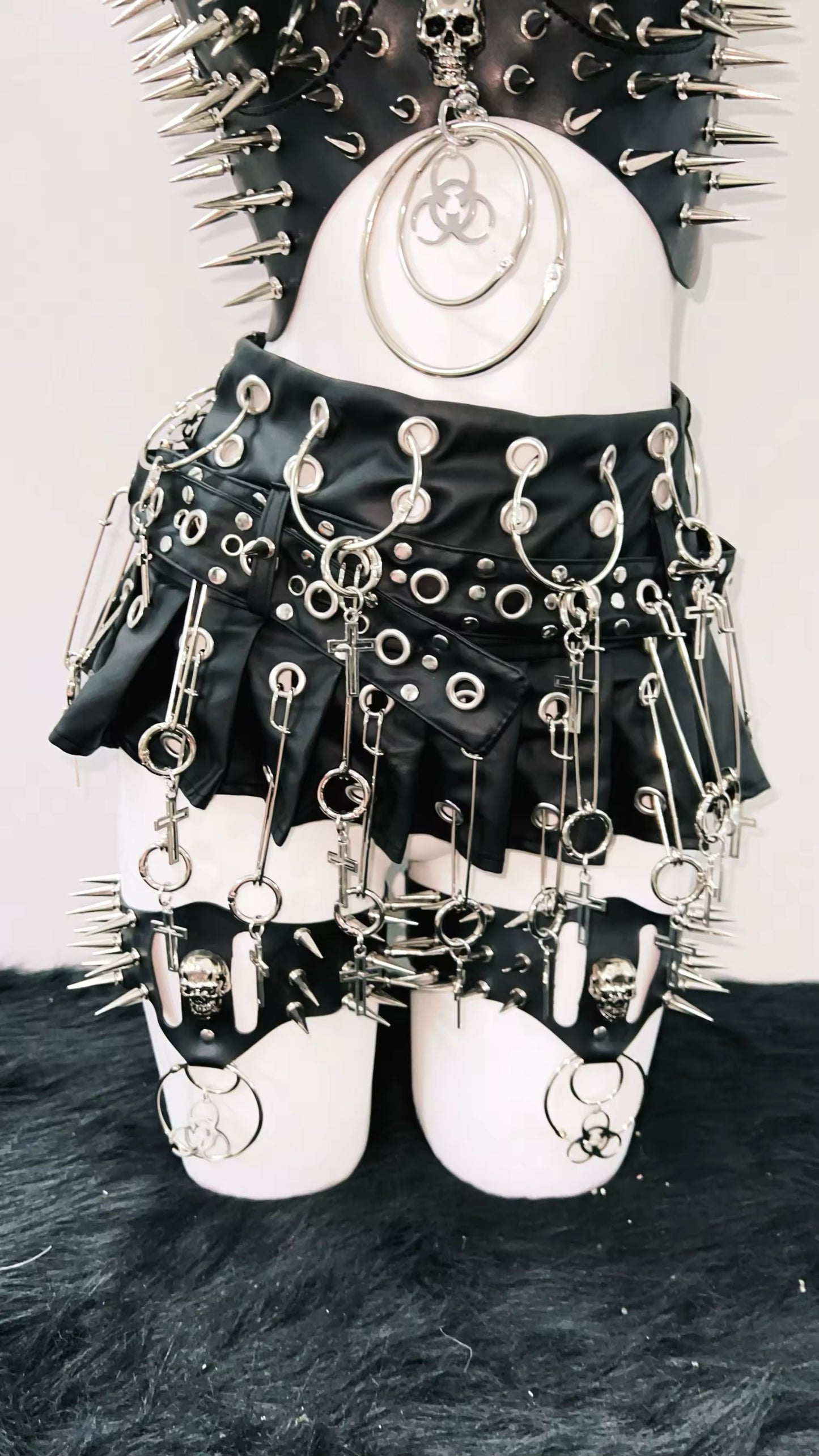Black Faux Leather Punk Studded Garter Mini Skirt