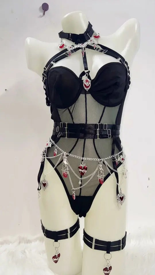 Black Mesh Punk Bodysuit Lingerie Chain 3 Piece Set