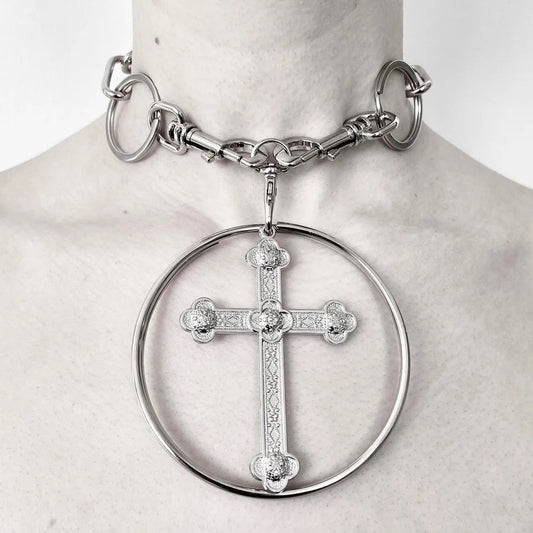 Silver Chunky Punk Cross O Ring Choker Necklace