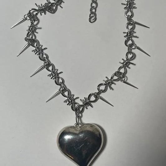 Silver Punk Thorn Chain Heart Pendant Necklace