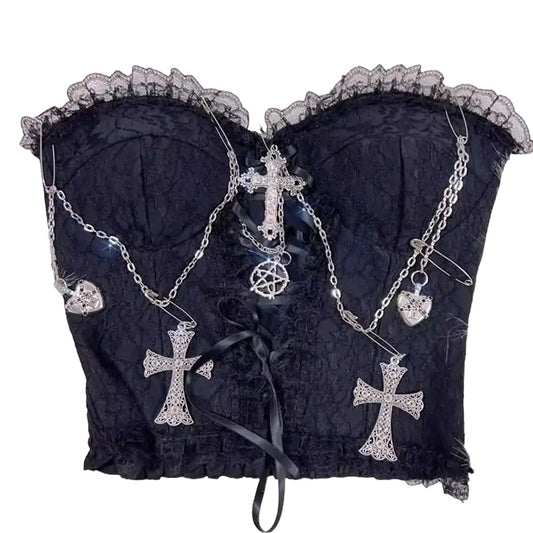 Black Lace Gothic Chain Cross Corset Crop Top