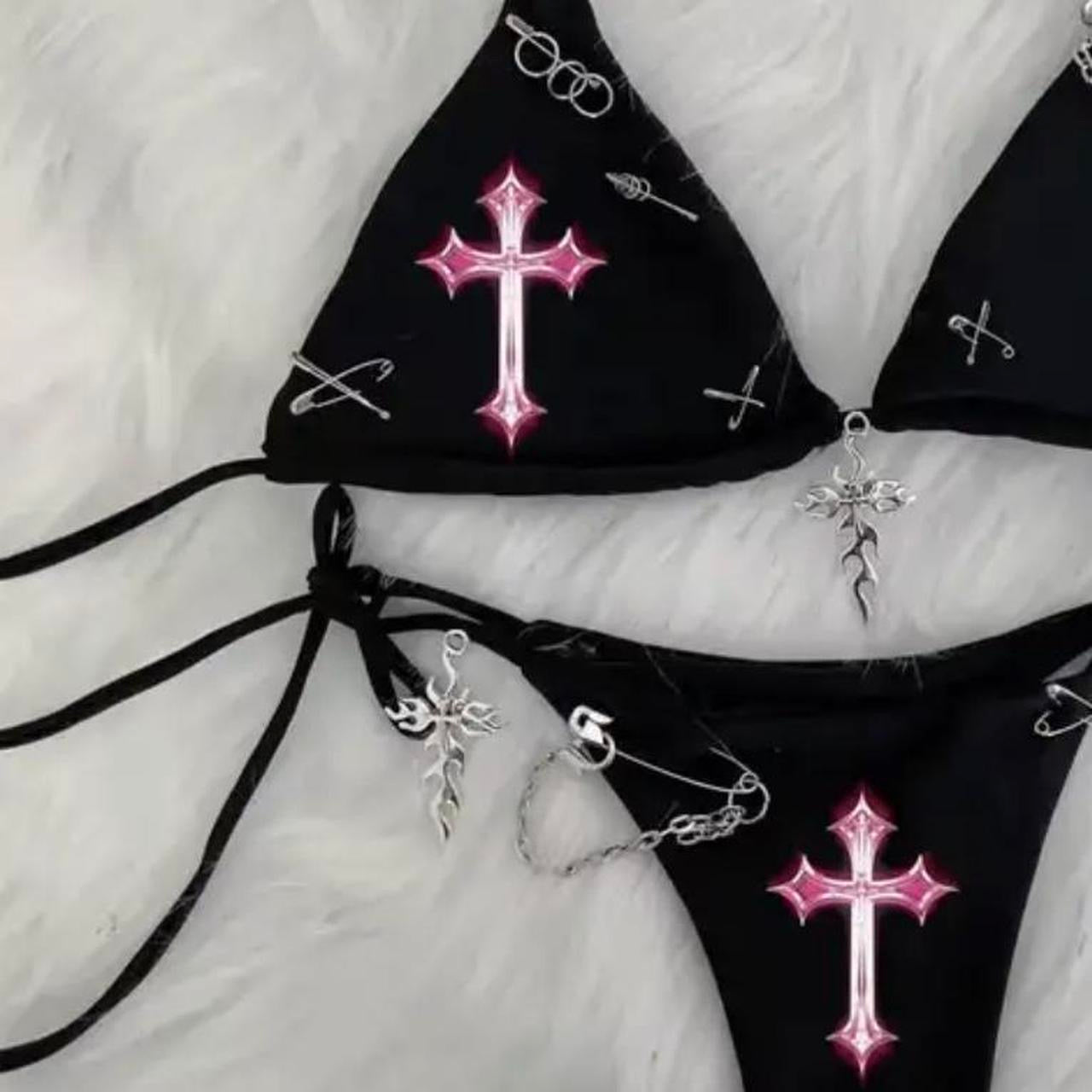 Black Pink Cross Gothic Punk Chain Bikini Set