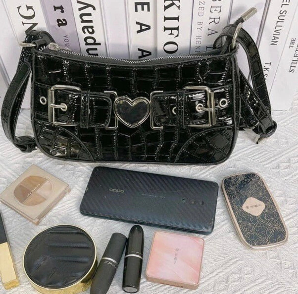 Black Faux Leather Gothic Y2K Heart Chain Shoulder Bag