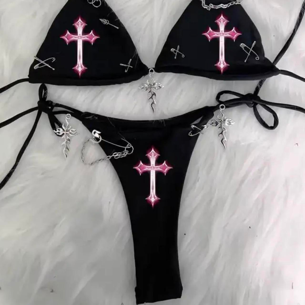 Black Pink Cross Gothic Punk Chain Bikini Set