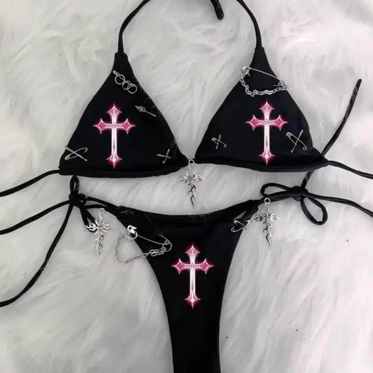 Black Pink Cross Gothic Punk Chain Bikini Set