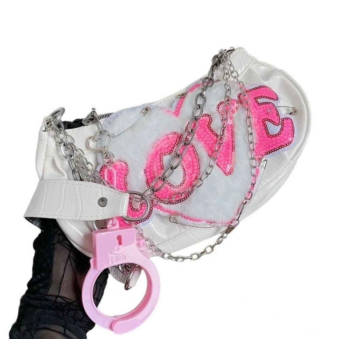 White Faux Leather Punk Chain Handcuff Shoulder Bag