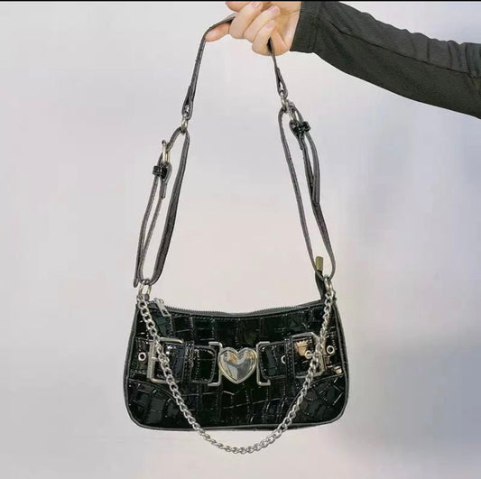 Black Faux Leather Gothic Y2K Heart Chain Shoulder Bag