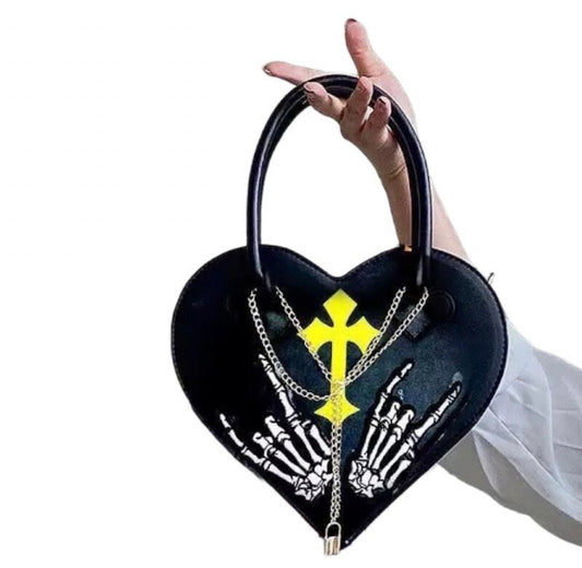 Black Heart Shaped Gothic Skeleton Clutch Handbag