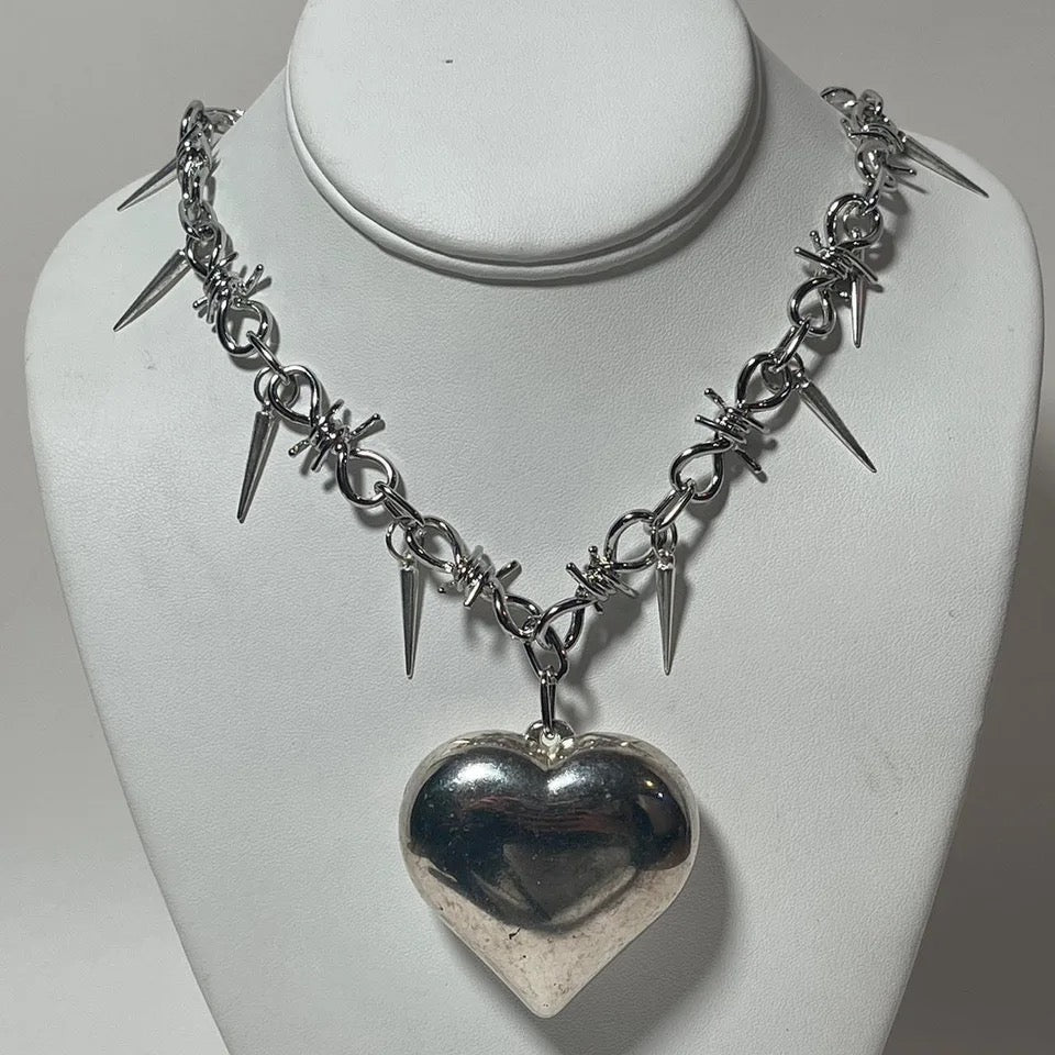 Silver Punk Thorn Chain Heart Pendant Necklace
