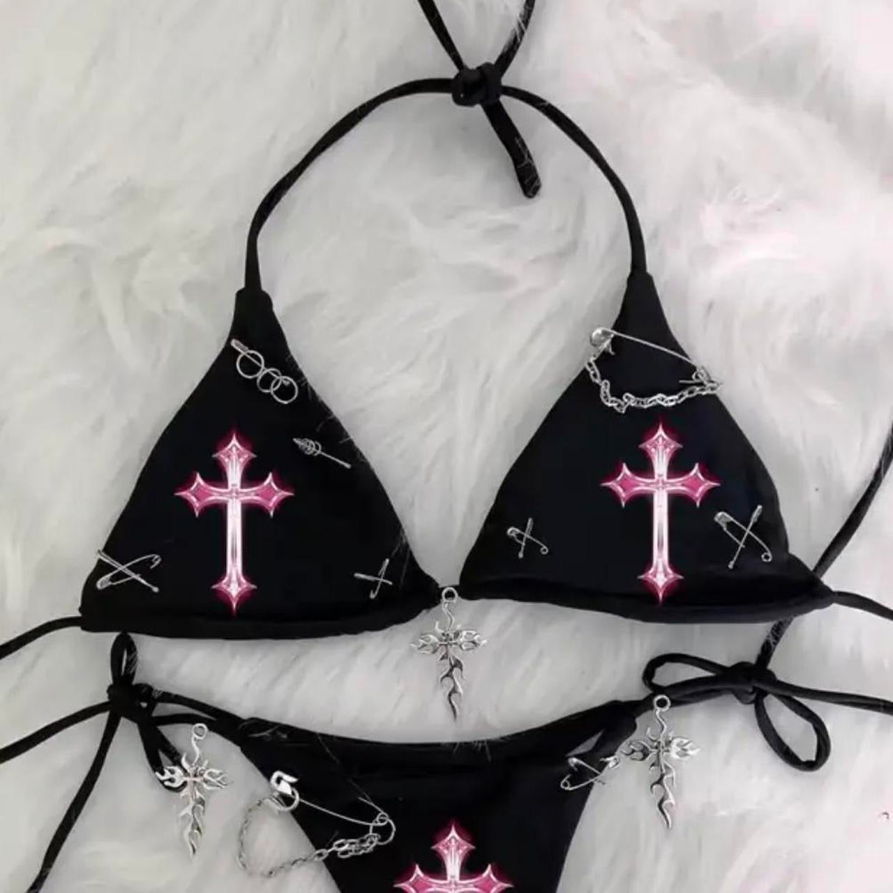 Black Pink Cross Gothic Punk Chain Bikini Set