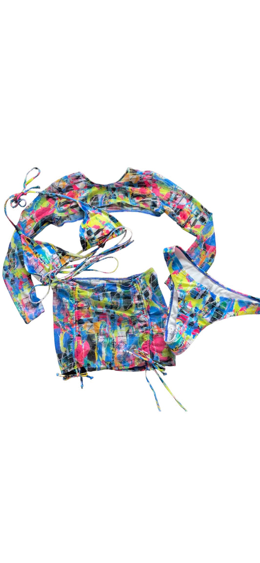 Multicoloured 4 Piece Bikini Mesh Crop Top Mini Skirt Sarong Set