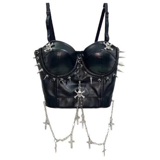 Black Faux Leather Punk Chain Corset Crop Top