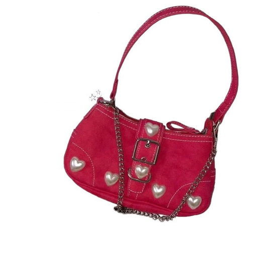 Pink Faux Leather Lolita Pearl Heart Shoulder Bag