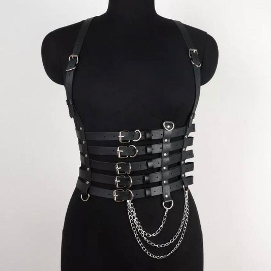 Black Faux Leather Extreme Buckle Chain Body Harness