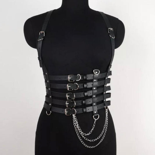 Black Faux Leather Extreme Buckle Chain Body Harness