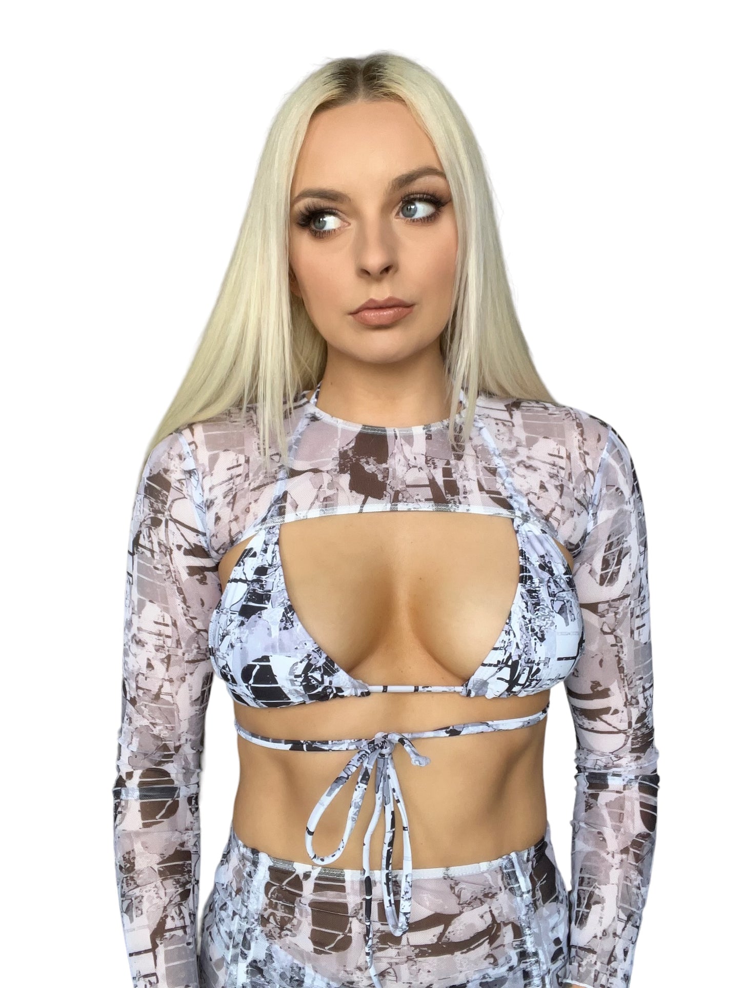 Black And White Abstract 4 Piece Bikini Mesh Crop Top Mini Skirt Set