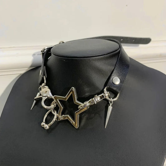 Black Faux Leather Star Charm Gothic Choker Necklace