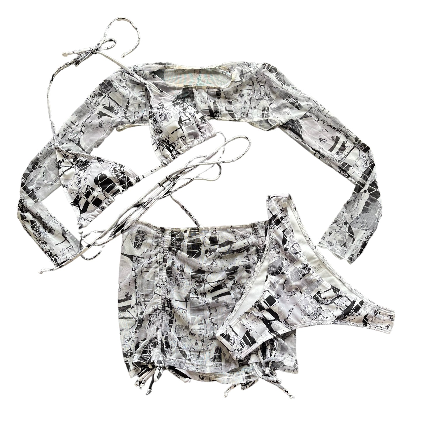 Black And White Abstract 4 Piece Bikini Mesh Crop Top Mini Skirt Set