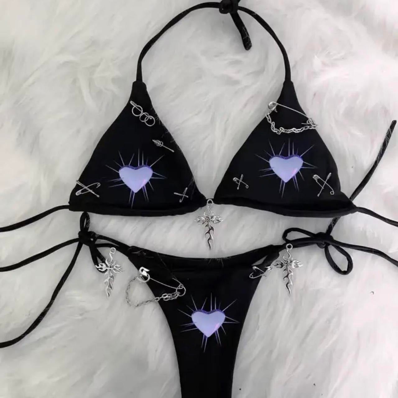 Black Punk Heart Gothic Chain Bikini Set
