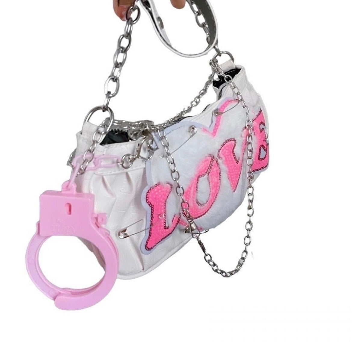 White Faux Leather Punk Chain Handcuff Shoulder Bag