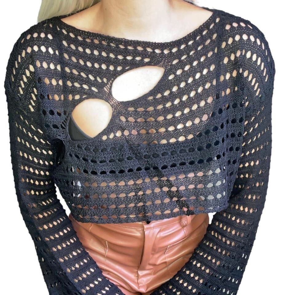 Black Open Knit Cropped Long Sleeve Jumper