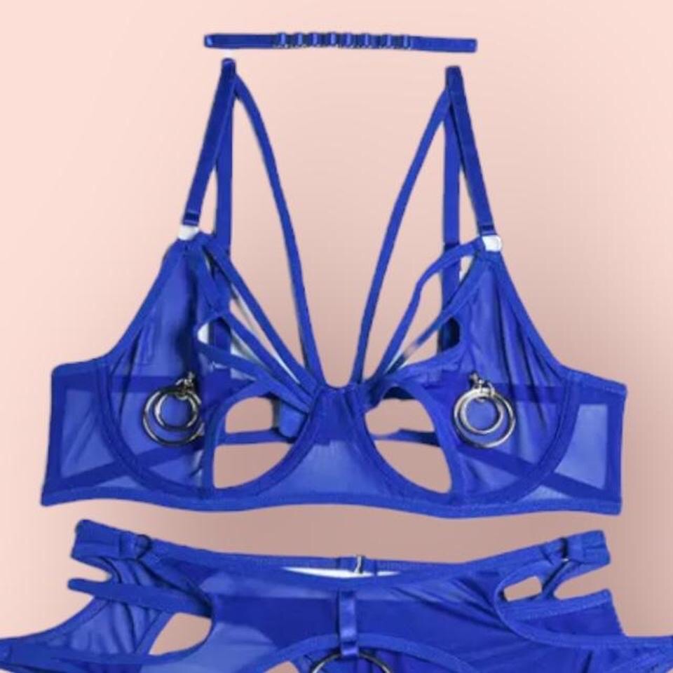 Blue Mesh O Ring Garter Lingerie Set
