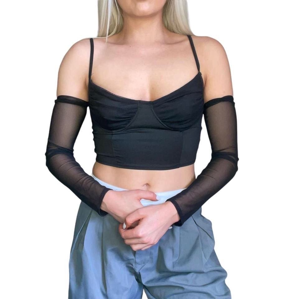 Black Corset Crop Top Mesh Arm Sleeves Set