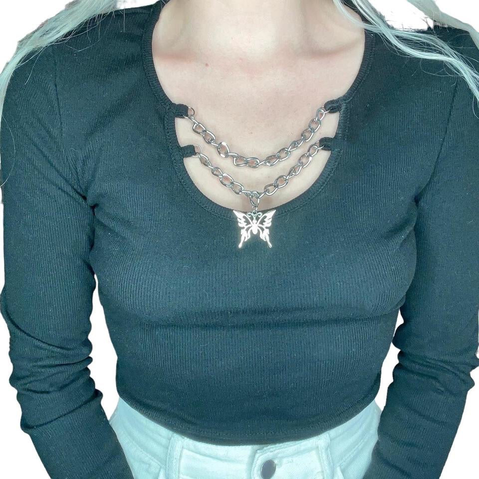 Black Chain Butterfly Long Sleeve Crop Top