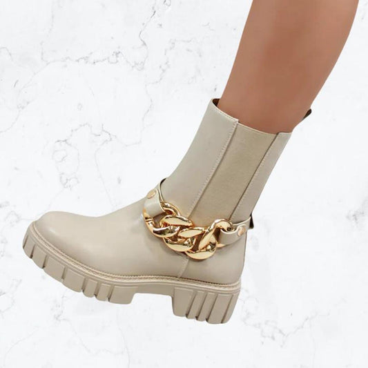 Cream Faux Leather Gold Chain Ankle Boots