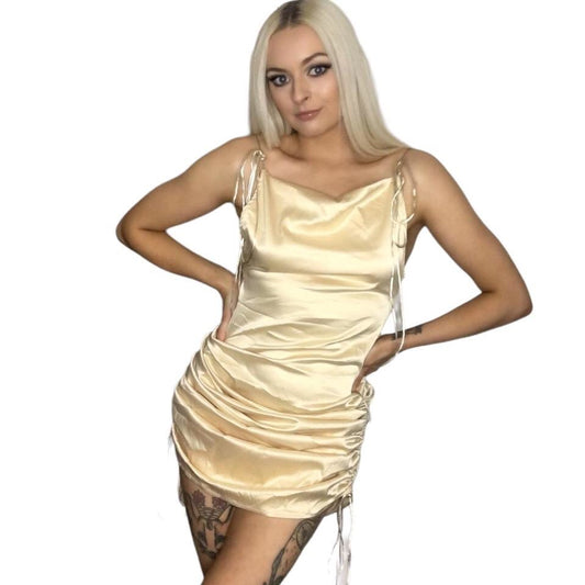 Gold Satin Ruched Cowl Neck Slip Dress