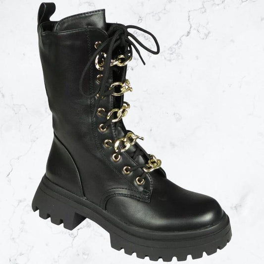 Black Faux Leather Chain Lace Up Punk Combat Boots
