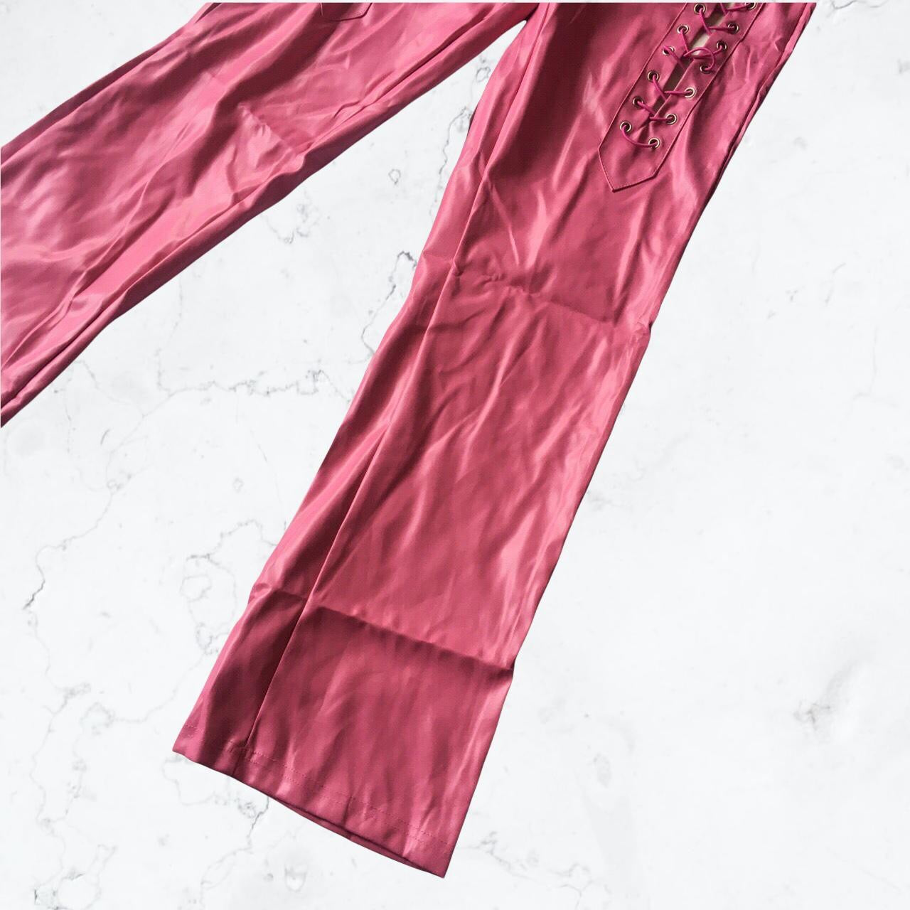 Pink Faux Leather Lace Up Straight Leg Trousers