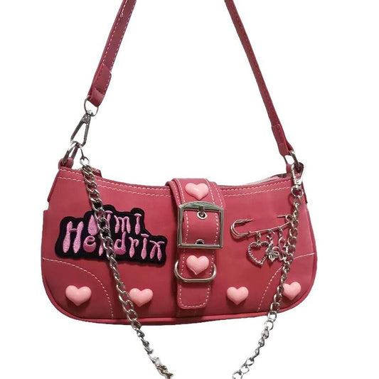 Pink Punk Faux Leather Chain Patch Shoulder Bag