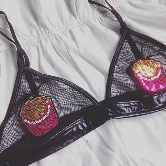 Sequin Fries Patch Mesh Faux Leather Bra