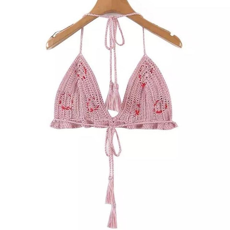 Pink Crochet Knitted Strawberry Triangle Bralet