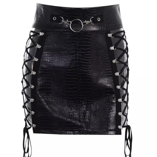 Black Faux Leather Lace Up O Ring Skirt
