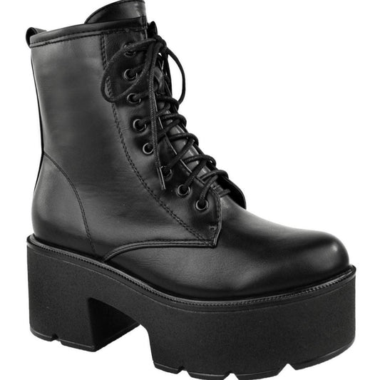 Black Matte Faux Leather Chunky Heel Combat Gothic Boots