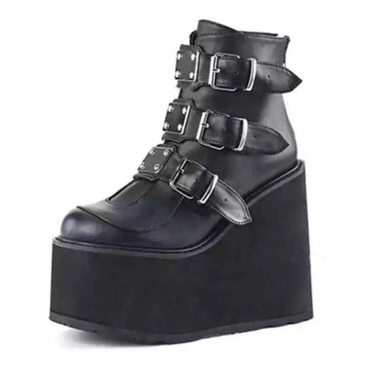 Black Faux Leather Punk Chunky Platform Ankle Boots
