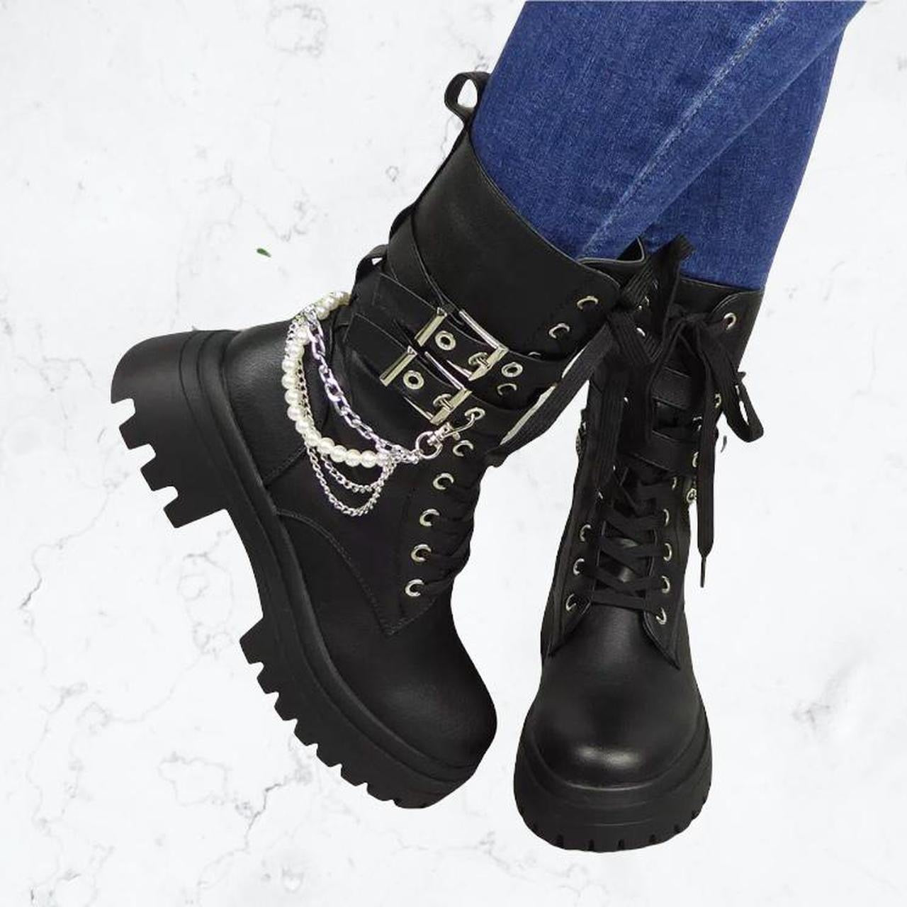 Black Faux Leather Pearl Chain Combat Boots