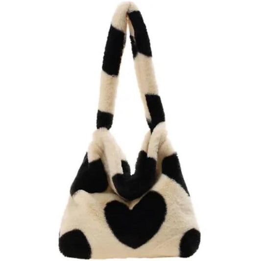 Black and White Fluffy Heart Print Bag