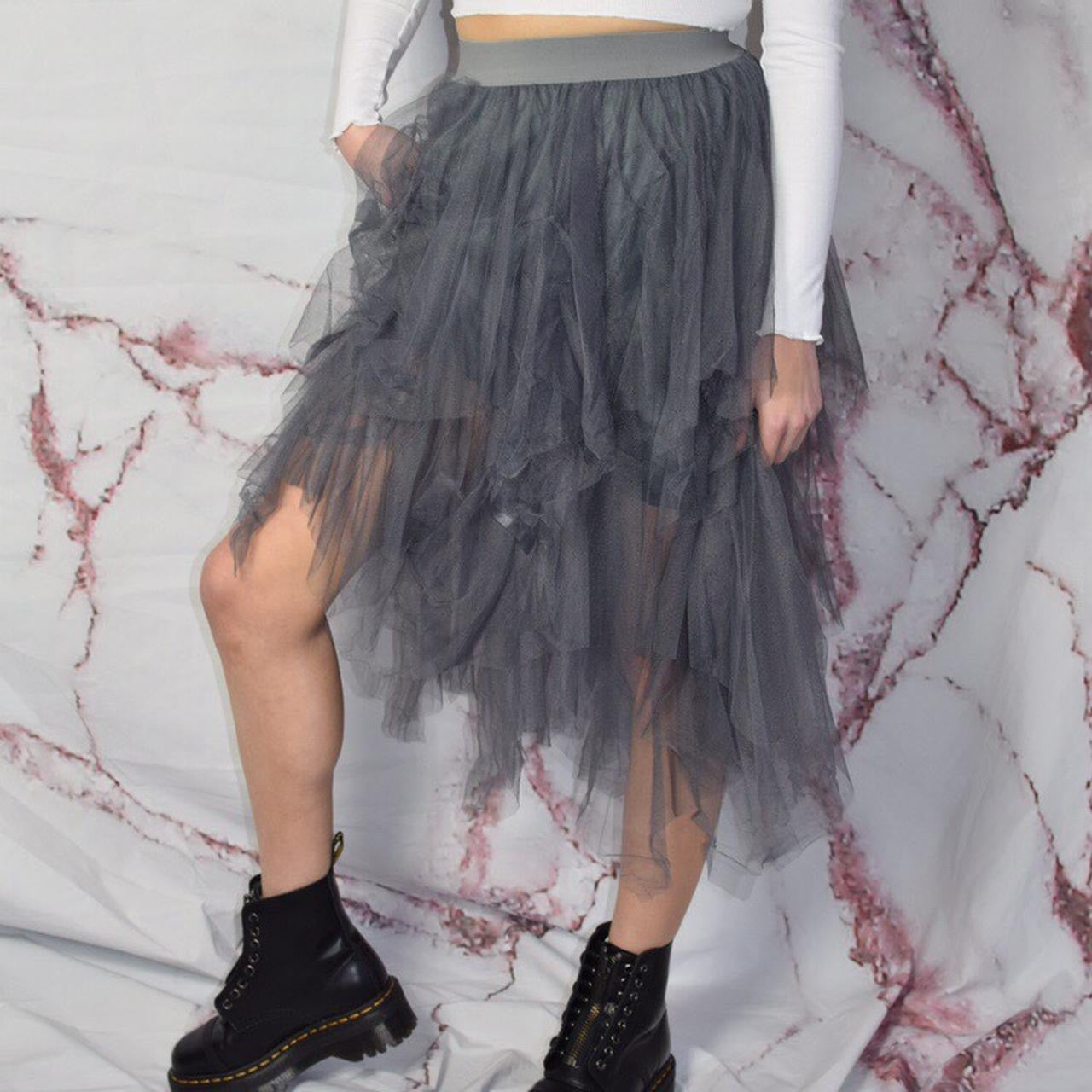 Grey Mesh Tiered Floaty Midi Maxi Skirt