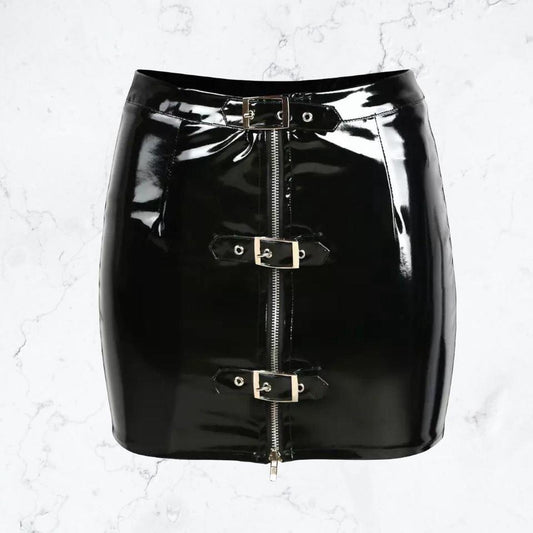 Black PVC Faux Leather Buckle Mini Skirt