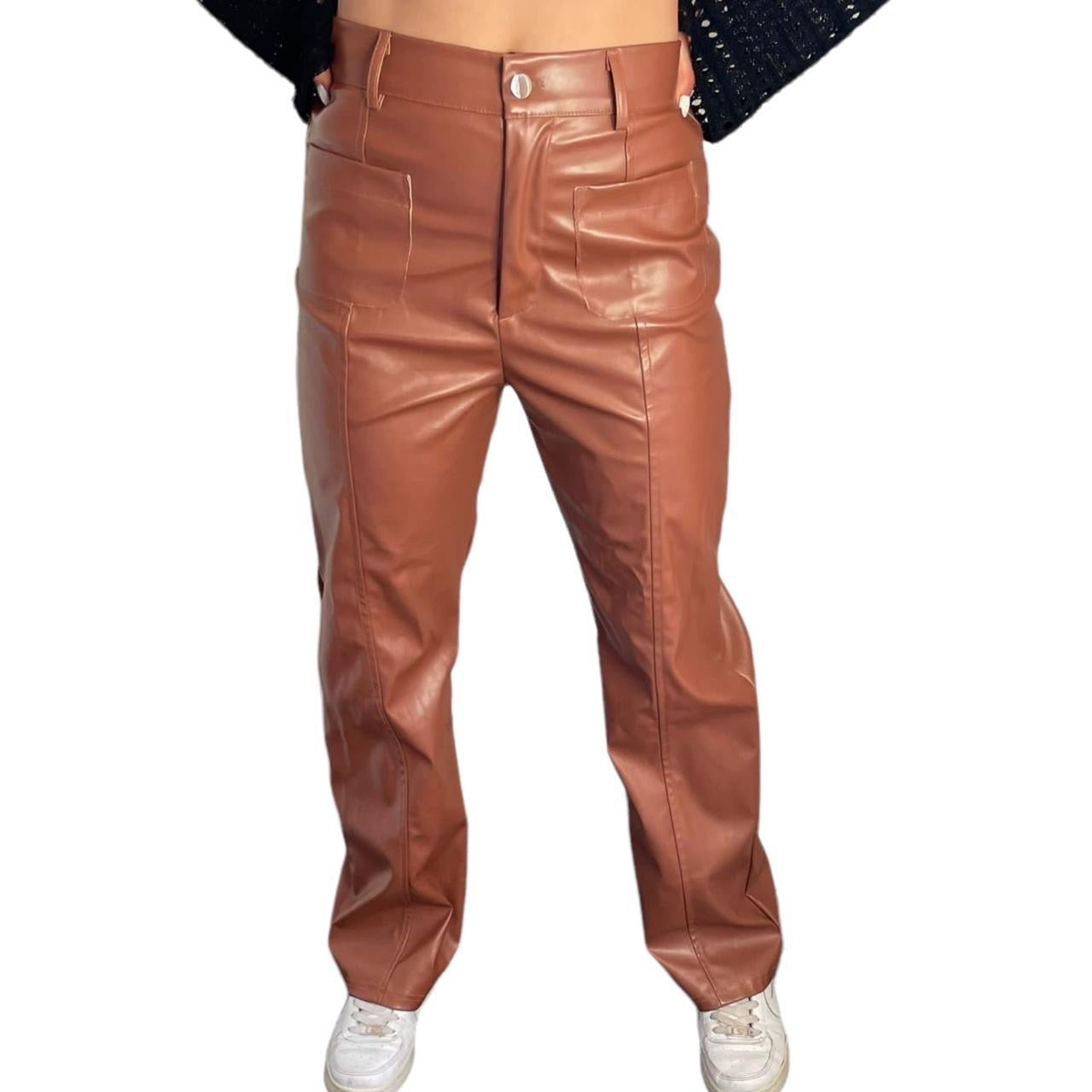 Brown Faux Leather Straight Leg Trousers